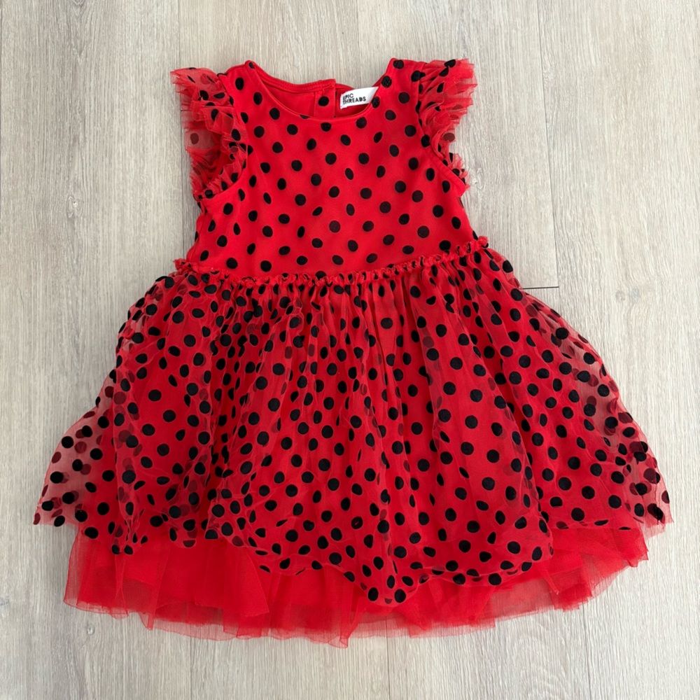 Epic Threads Baby Girl Dress Size 4T Red Black Flocked Tulle Dress Ladybug Dots